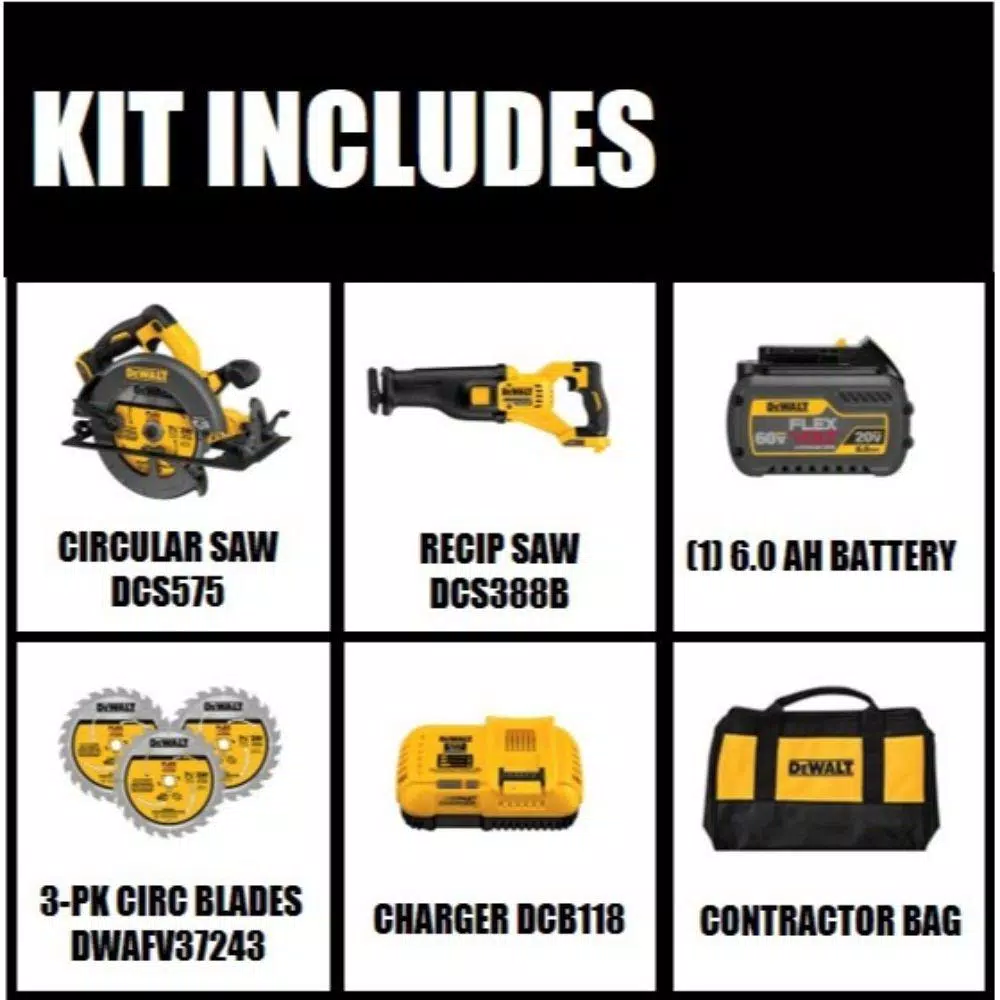 DEWALT 60V MAX FLEXVOLT 7-1/4 in. Brushless Circular Saw Combo Kit with 6.0Ah Battery & Bonus Recip Saw