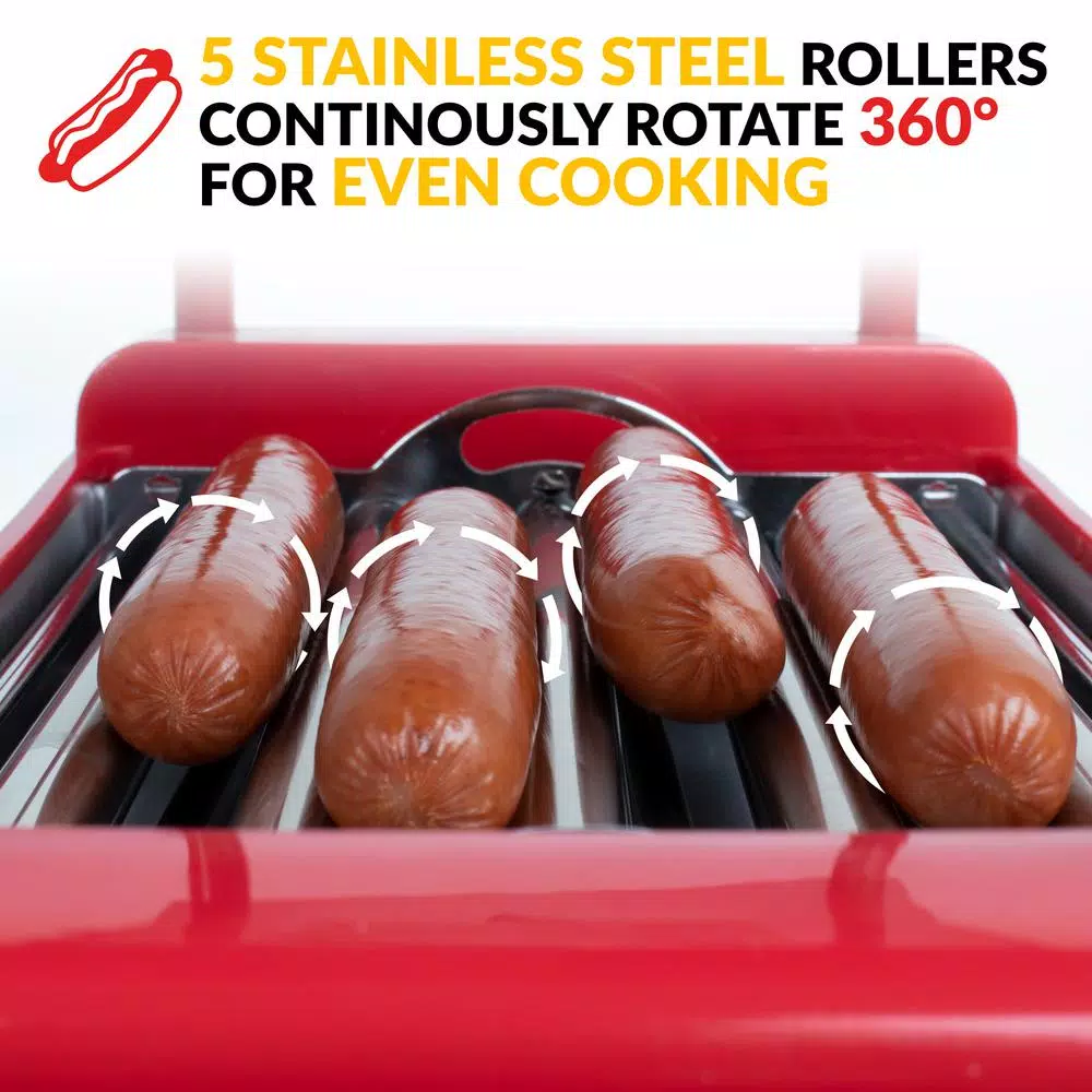 Nostalgia Red 8-Hot Dog Roller and 6-Bun Warmer Countertop Specialty Grill