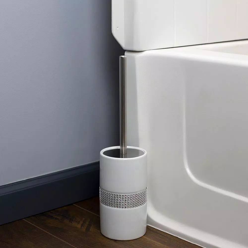 Unbranded White Ceramic Toilet Brush Holder with Sequin Accents and Stainless Steel Handle