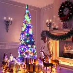 Costway 7.5 ft. Pre-Lit Slim Pencil Artificial Christmas Tree with 350 Multi-Color LED Lights thumbnail 7