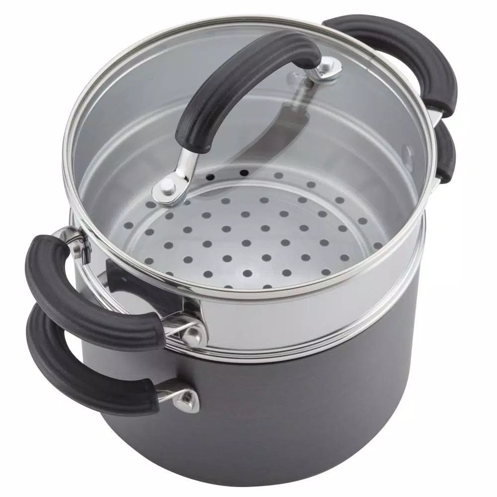 Circulon 3-Quart Hard-Anodized Nonstick Saucepot with Steamer Insert and Glass Lid, Black