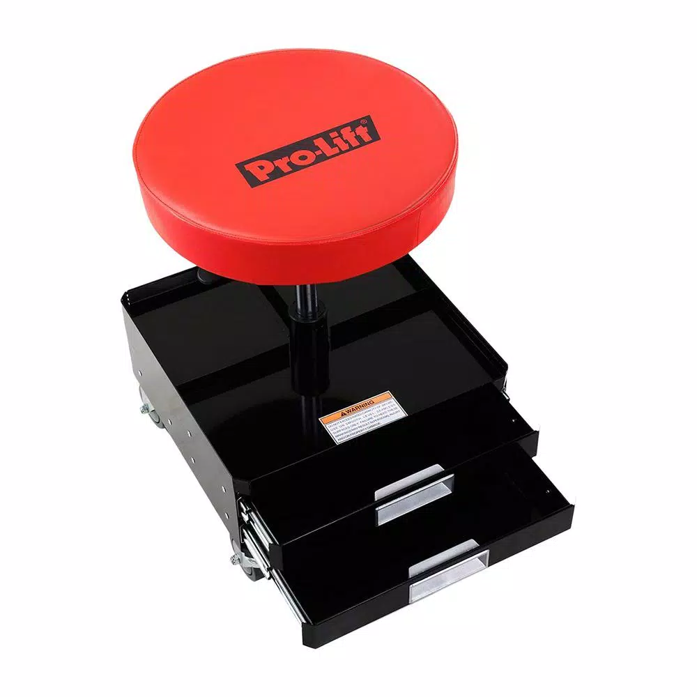 Pro-Lift Red Pneumatic Rolling Work Seat with Dual Tool Trays and Heavy Duty Casters