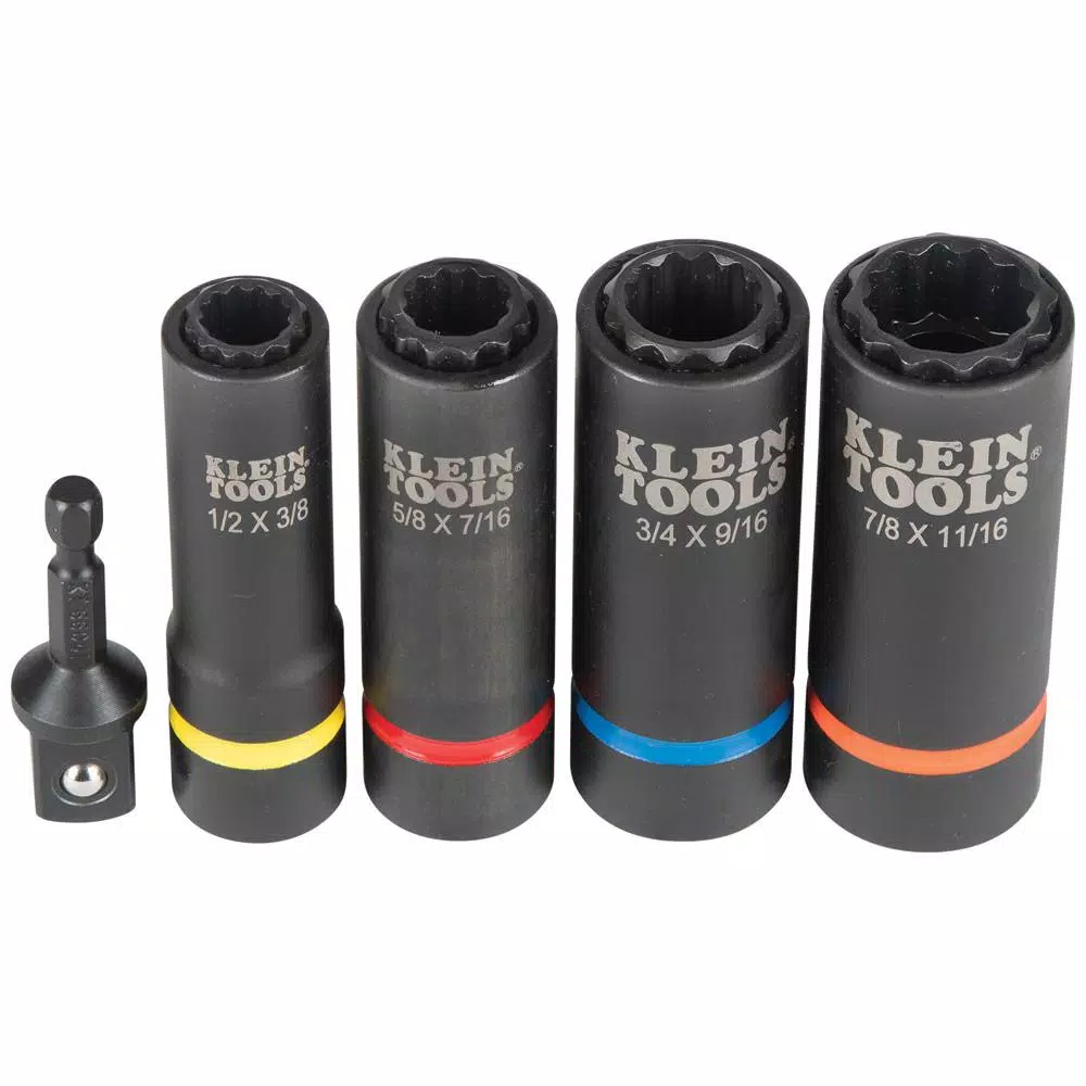 Klein Tools 2-In-1 Impact Socket Set, 5-Piece SAE Socket Set with 1/2 in. Drive and Adapter