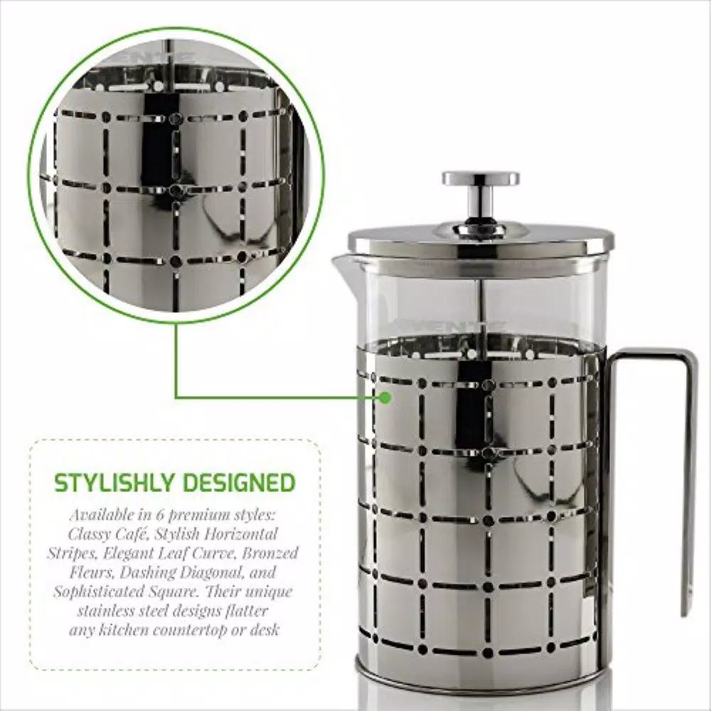 Ovente 3-Cup Silver Borosilicate Glass French Press Coffee and Tea Maker with Stainless Steel Shell