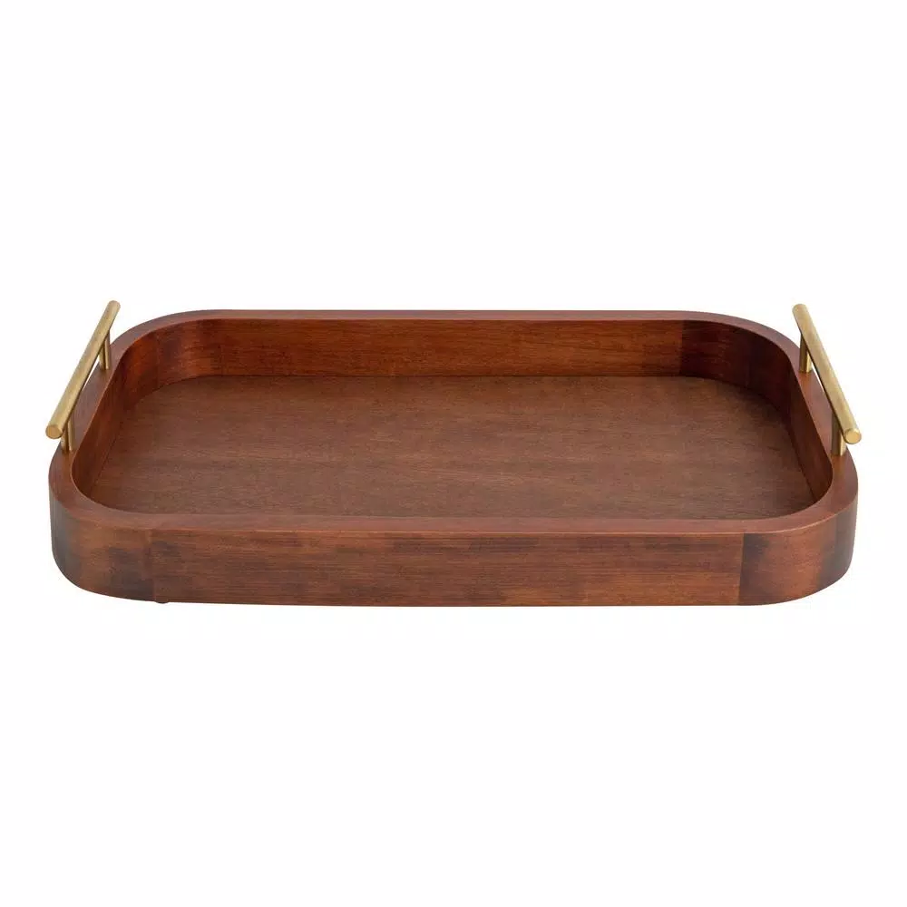 Kate and Laurel Lipton Walnut Brown Wood Decorative Tray with Gold Handles