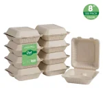 Unbranded 8 in. Natural Sugarcane 3-Compartment Sectional Clamshell Containers, 300 Pack thumbnail 2