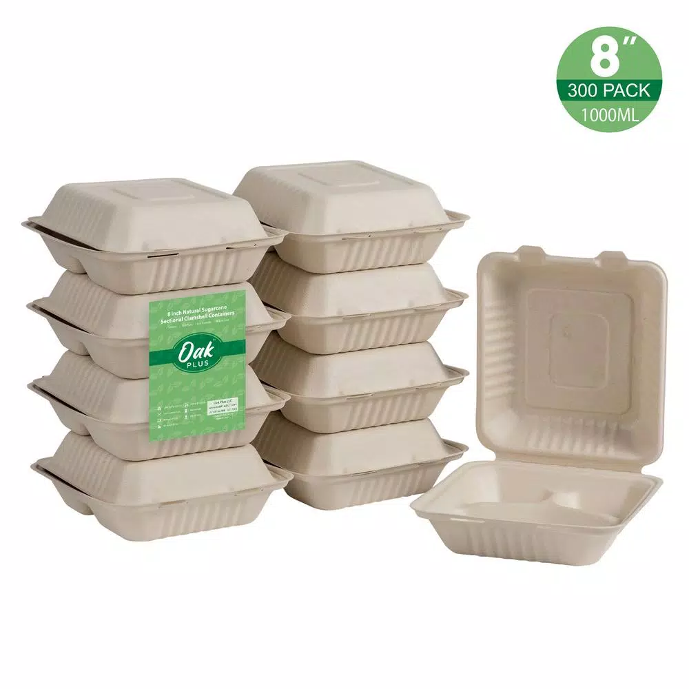 Unbranded 8 in. Natural Sugarcane 3-Compartment Sectional Clamshell Containers, 300 Pack