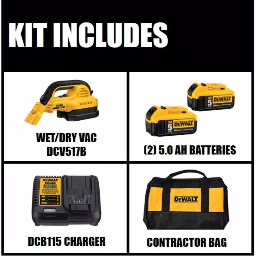 DEWALT 20V MAX Wet/Dry Portable Vacuum Kit with (2) 5.0 Ah Batteries, Charger, and Bag