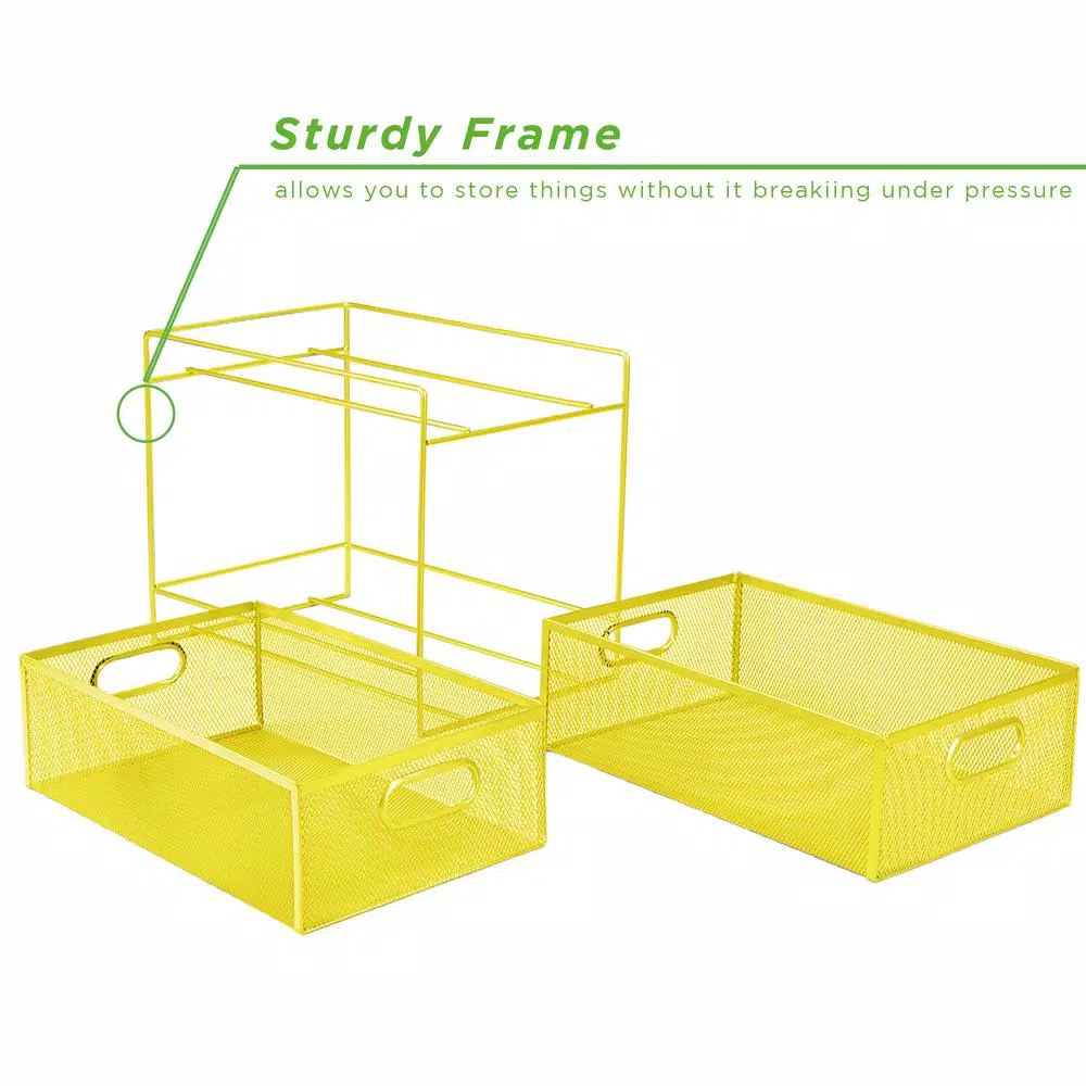 MIND READER Modern Yellow Metal Mesh 2-Tier Utensil Caddy and Flatware Organizer