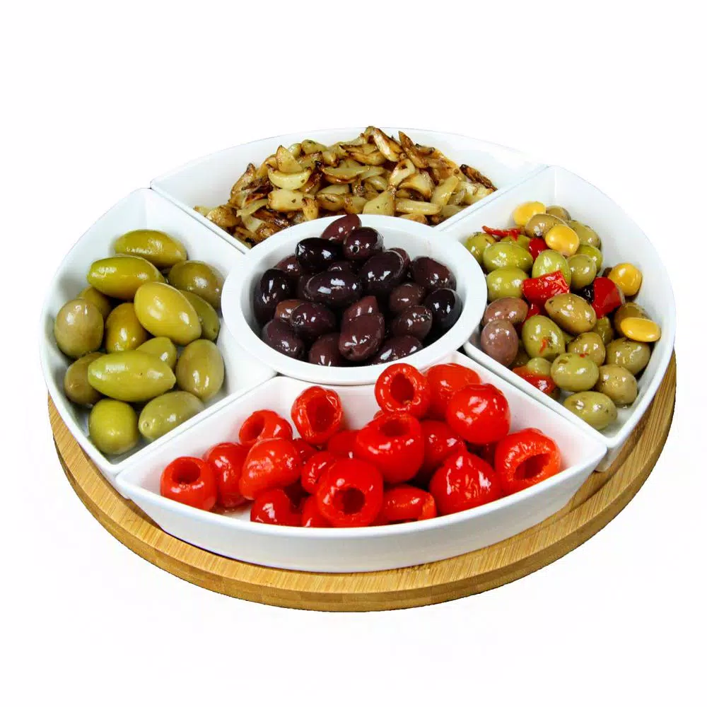 Elama Signature Collection Stoneware Appetizer and Condiment Server Set with Bamboo Lazy Susan Tray