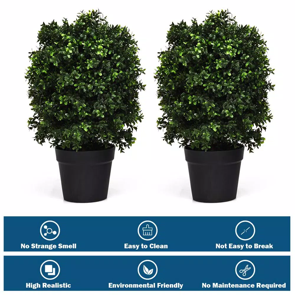 Costway 24 in. Artificial Boxwood Topiary Ball Tree Set of 2 - Indoor/Outdoor Faux Greenery