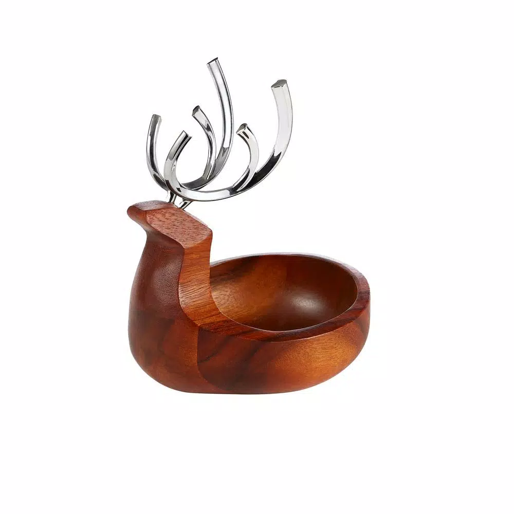 Nambe Alvaro Uribe Reindeer Candy Dish - Acacia Wood and Nambe Alloy Serving Bowl