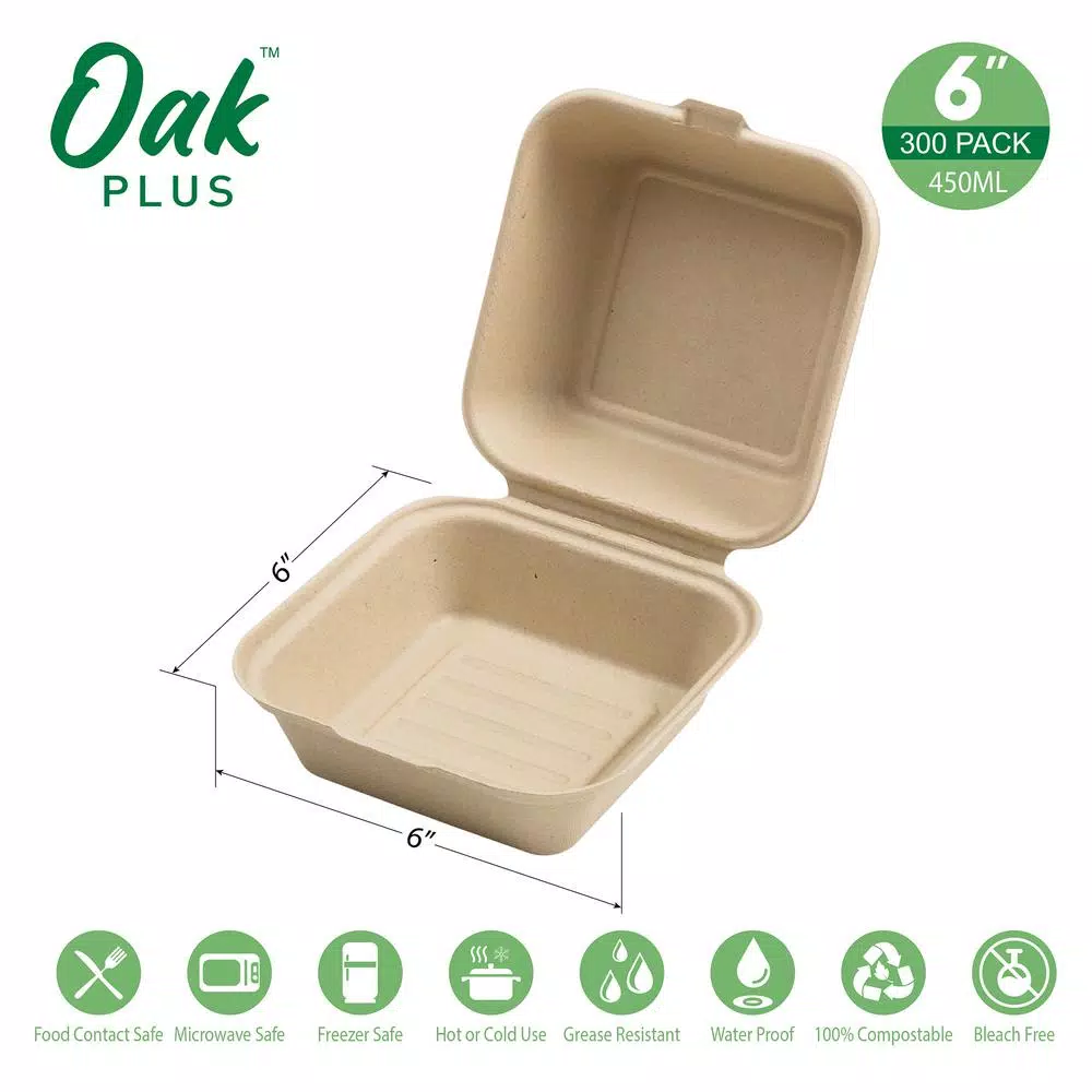 Unbranded 6 in. White Sugarcane Clamshell Containers, Compostable & Eco-Friendly (300 Pack)