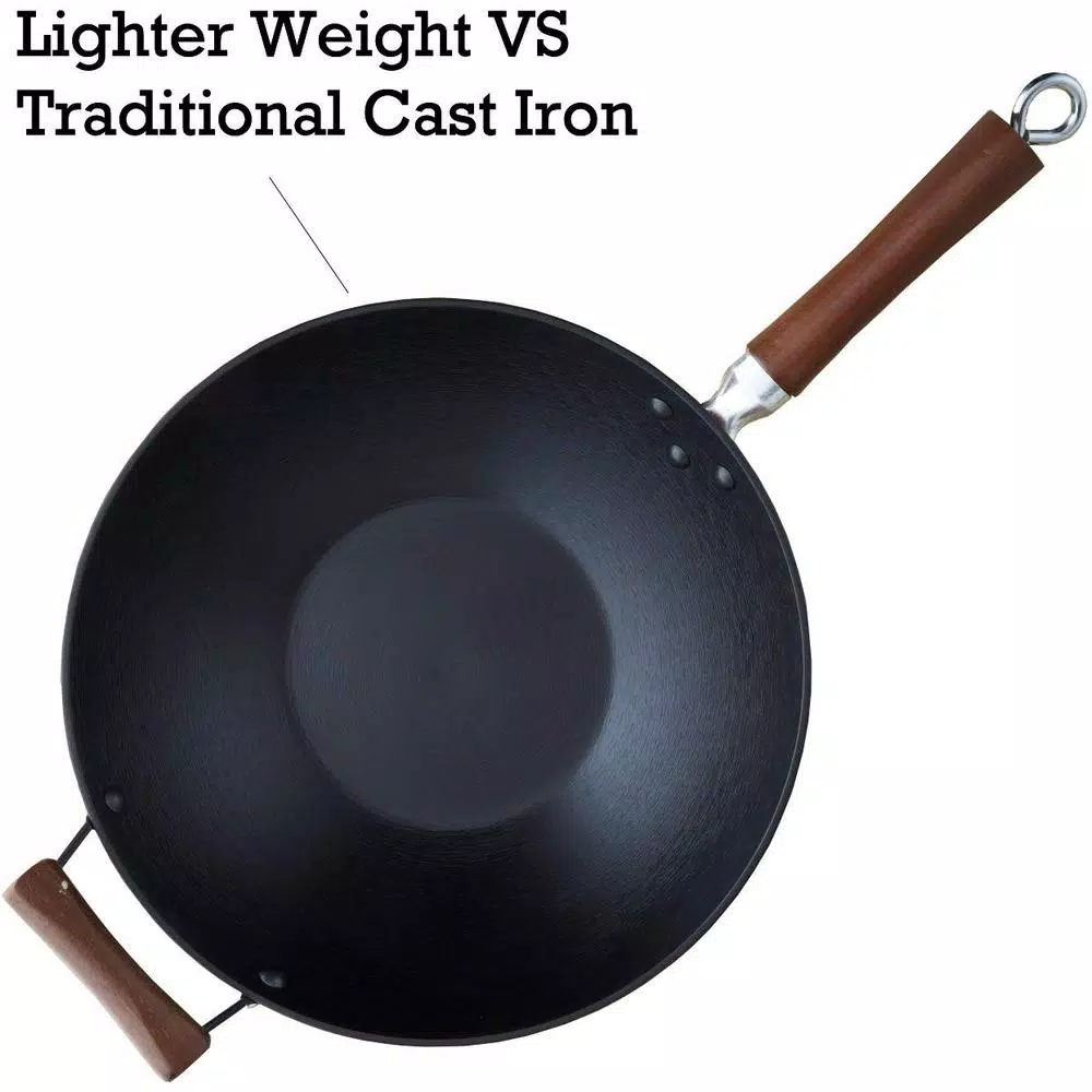 IMUSA 14 in. Light Cast Iron Pre-Seasoned Wok with Wood Handle