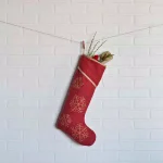 VHC Brands 20 in. Revelry Brick Red Traditional Christmas Stocking with Gold Taupe Jacquard Trim thumbnail 3
