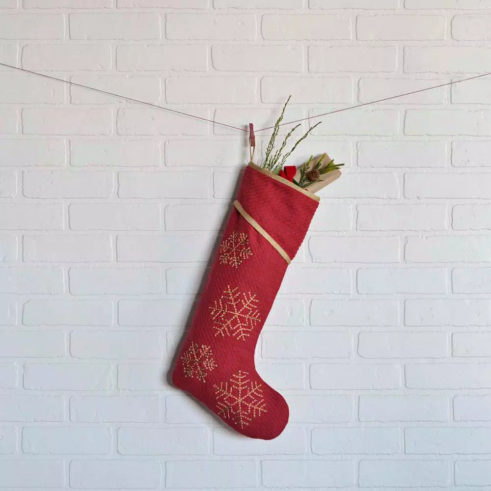 VHC Brands 20 in. Revelry Brick Red Traditional Christmas Stocking with Gold Taupe Jacquard Trim