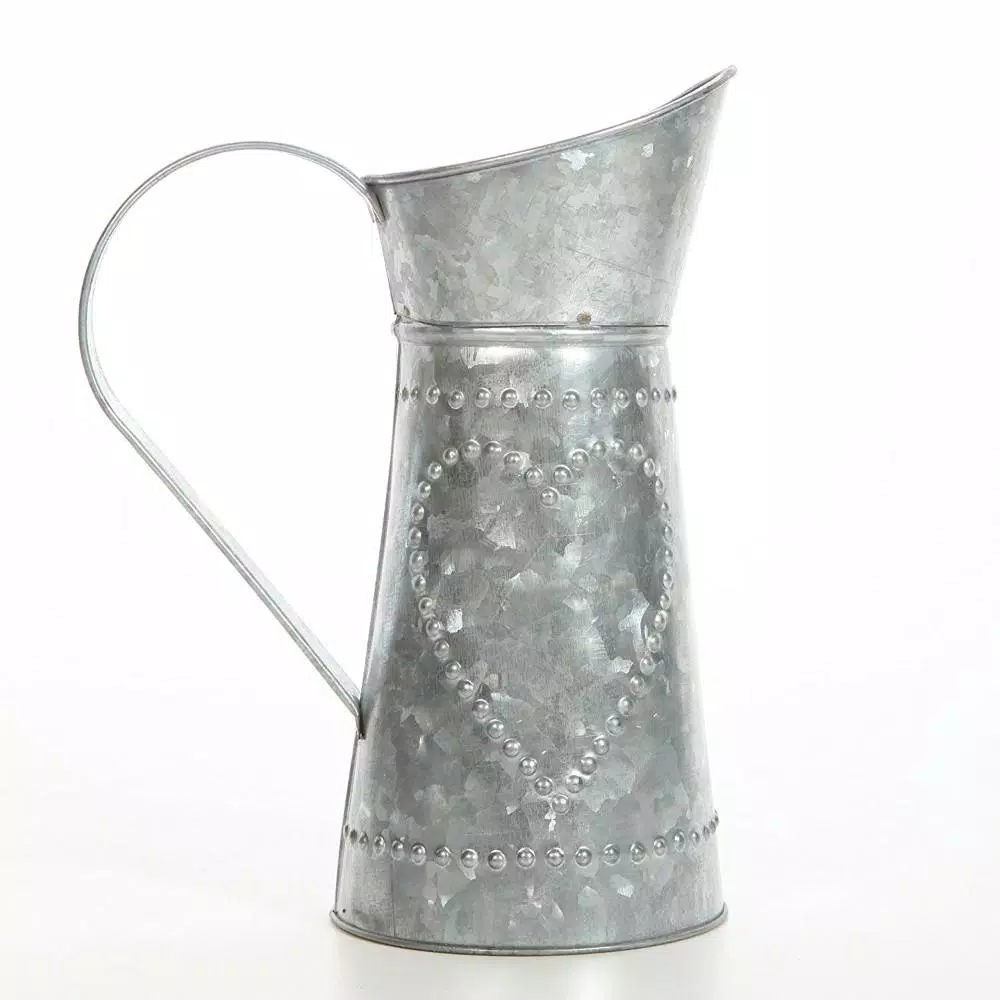 Benzara Gray Decorative Galvanized Metal Pitcher with Hammered Heart Design