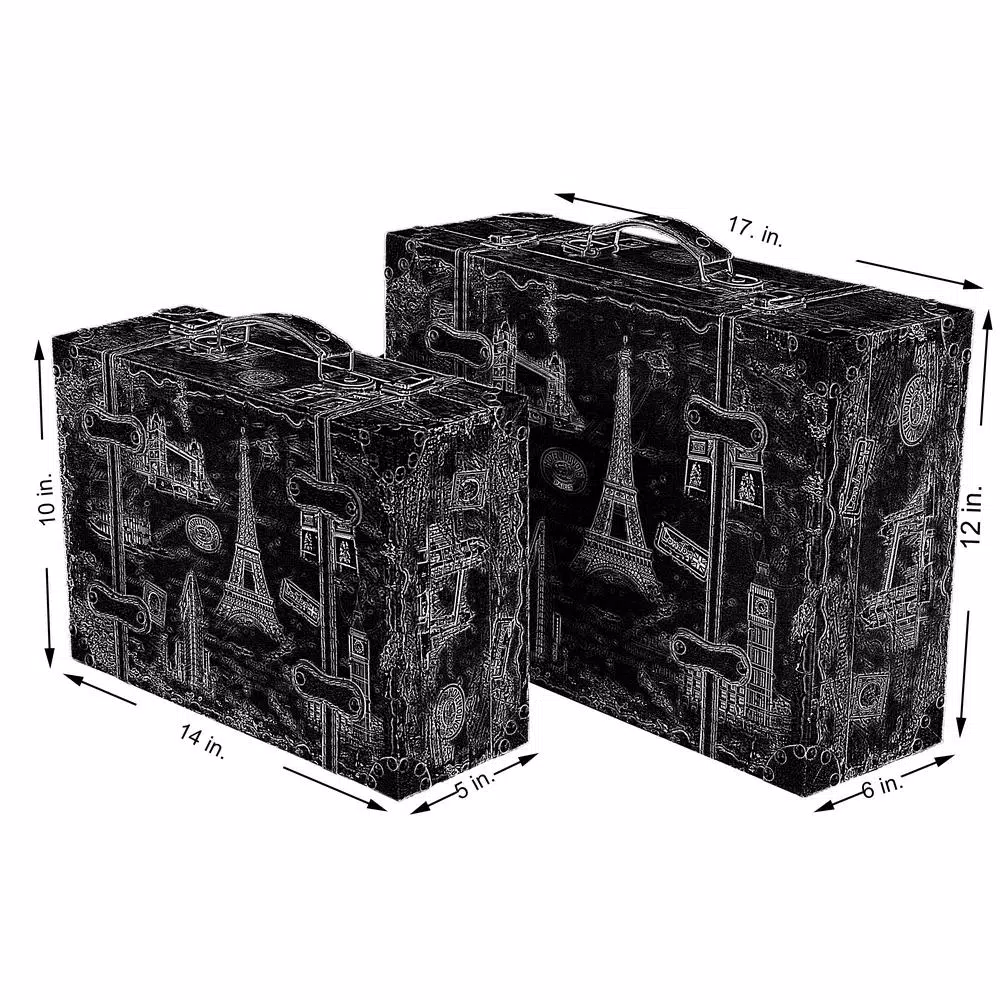 Vintiquewise Set of 2 Vintage-Style World Map Wooden Suitcase Trunks with Leather Straps - Green