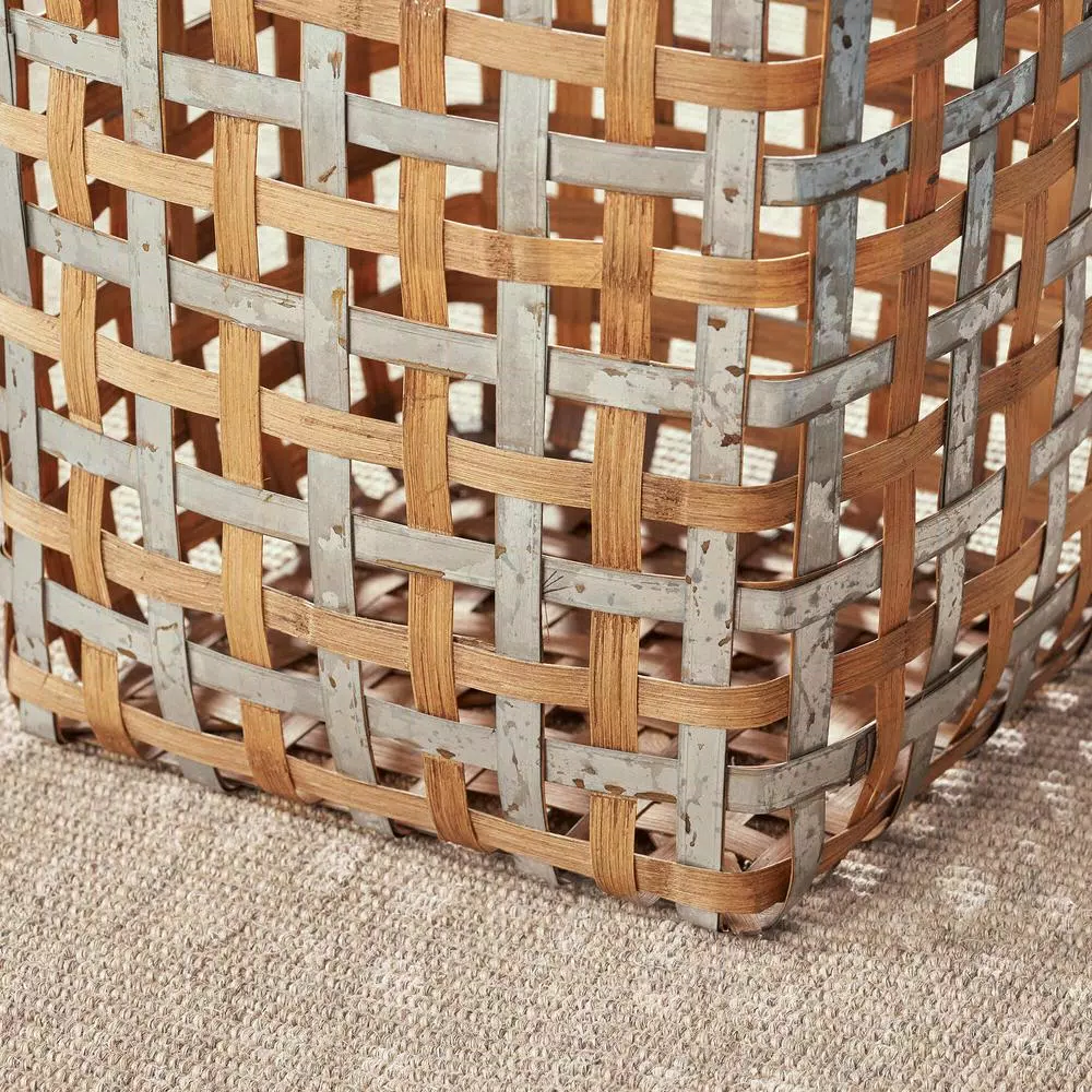 Home Decorators Collection Square Galvanized Metal and Bamboo Woven Decorative Baskets, Set of 2
