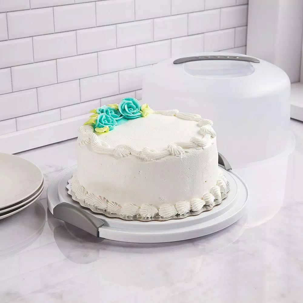LavoHome 3-Layer Cake and Cupcake Carrier Storage Container with Server, 13.5 in. Translucent Dome, White/Gray