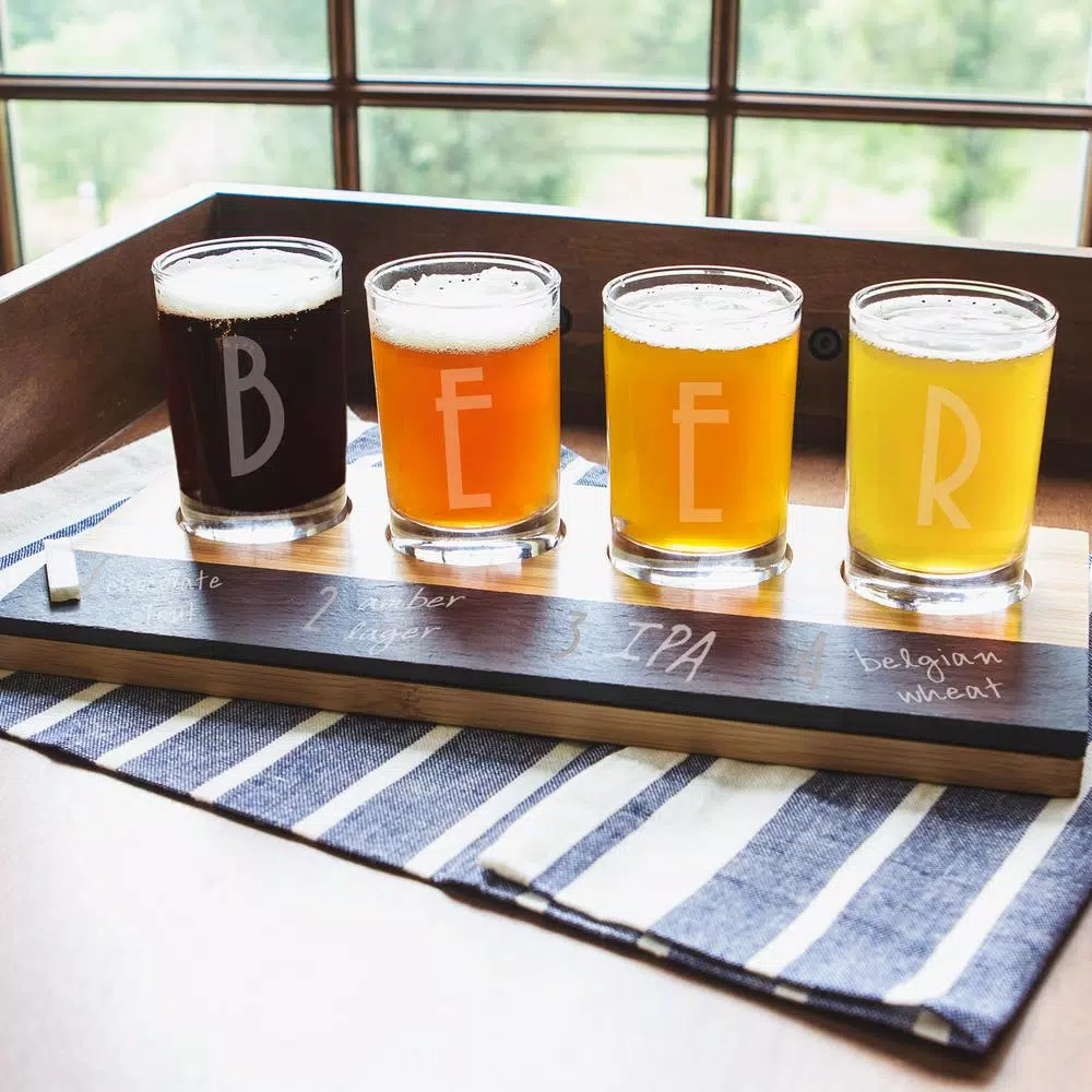 Cathy's Concepts Bamboo and Slate Craft Beer Tasting Flight Set with 4 Engraved 5.5 oz. Taster Glasses