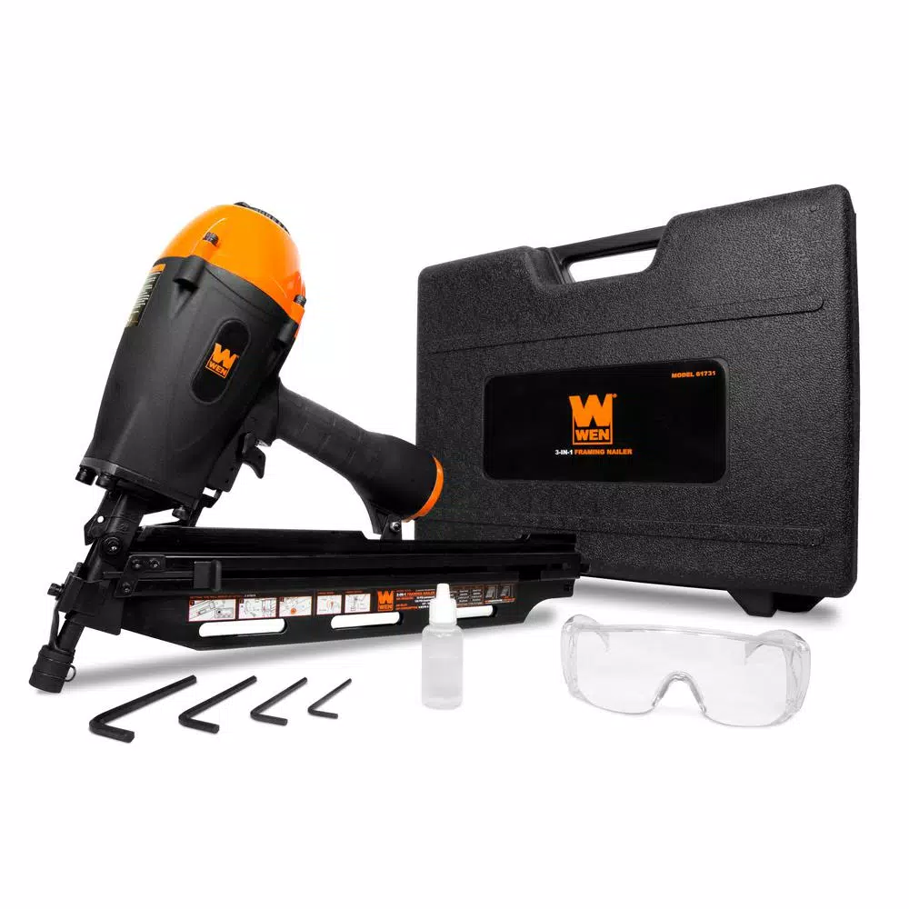 WEN 3-in-1 Pneumatic Framing Nailer, 21°, 28°, and 34° Angles with Carrying Case