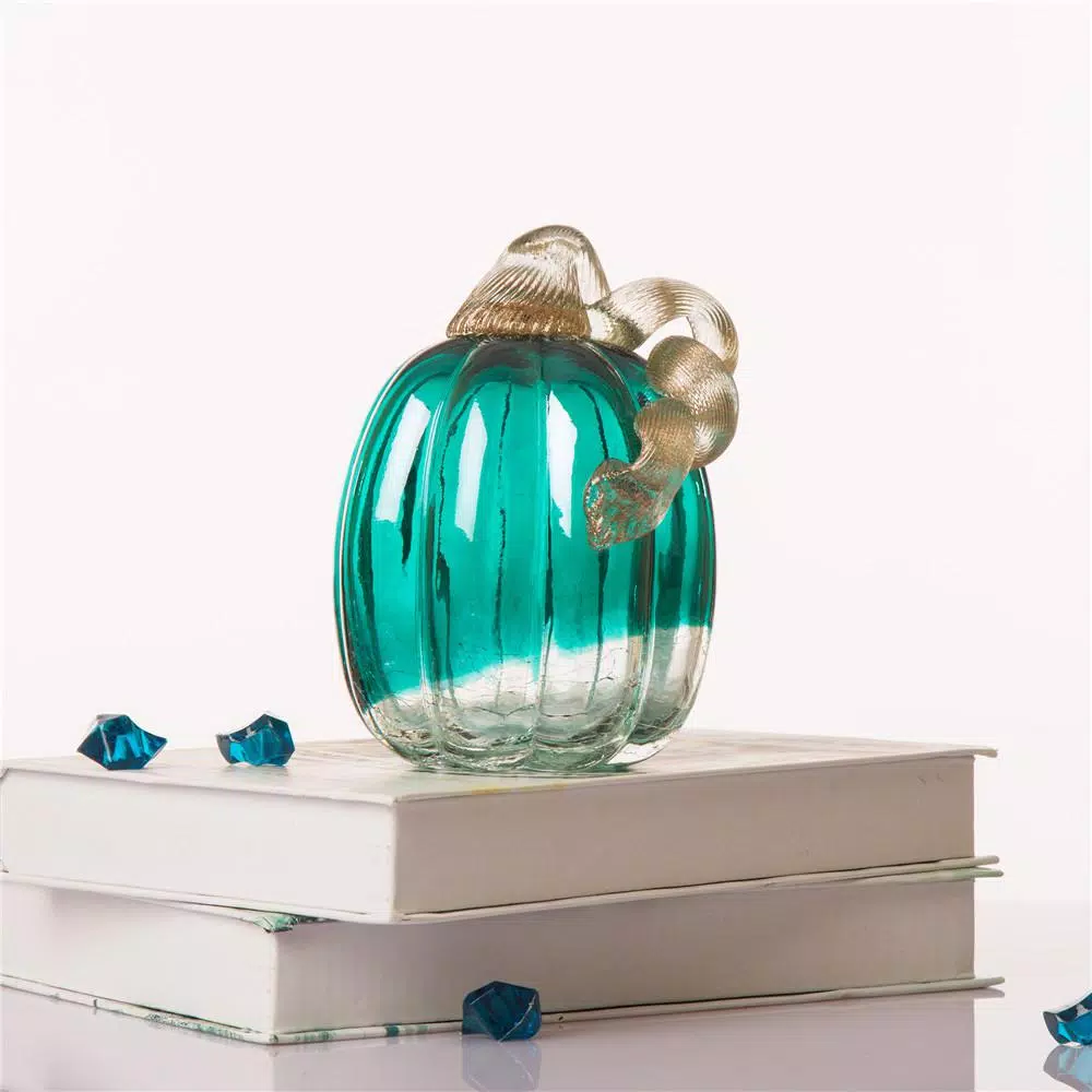 Glitzhome 5.51 in. Turquoise Crackle Glass Pumpkin - Handmade Indoor Tabletop Decor