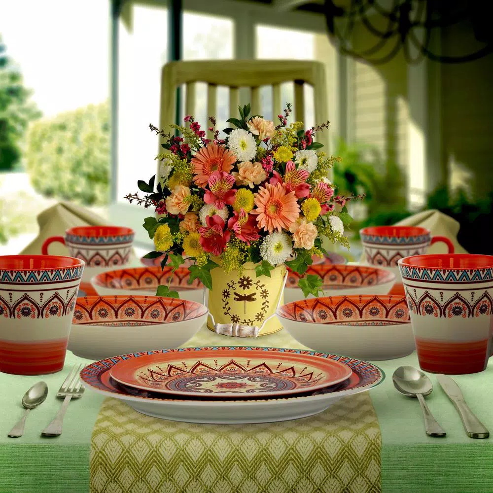 Elama Zen Rust Mozaik 16-Piece Stoneware Dinnerware Set, Service for 4, Orange Bohemian Style