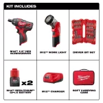 Milwaukee M12 12V Cordless 1/4 in. Hex Screwdriver & LED Worklight Kit with (2) 1.5Ah Batteries, Bit Set & Bag thumbnail 2