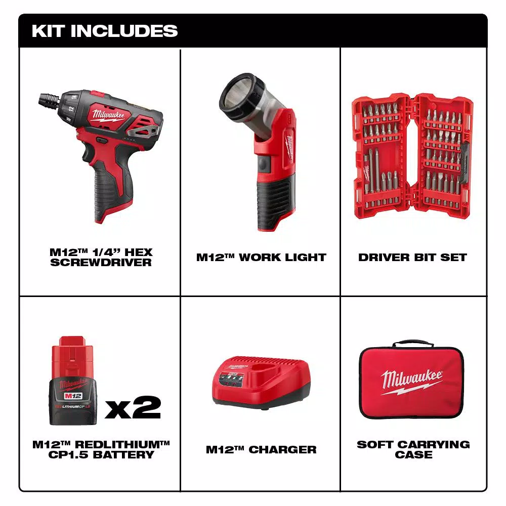 Milwaukee M12 12V Cordless 1/4 in. Hex Screwdriver & LED Worklight Kit with (2) 1.5Ah Batteries, Bit Set & Bag