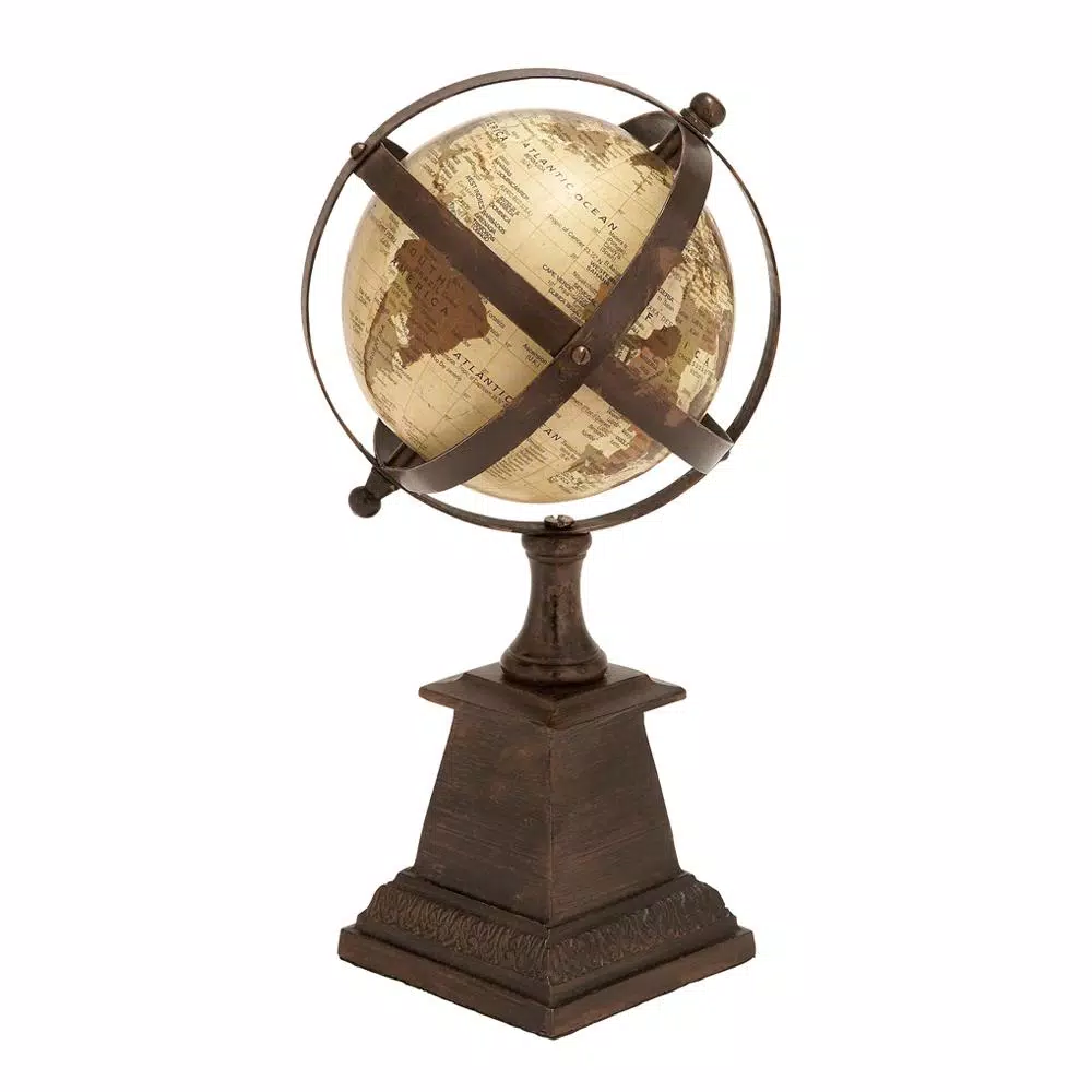 LITTON LANE Nautical Decorative Globe with Aluminum Axis-Banded Frame and Brown Wood Finish Stand