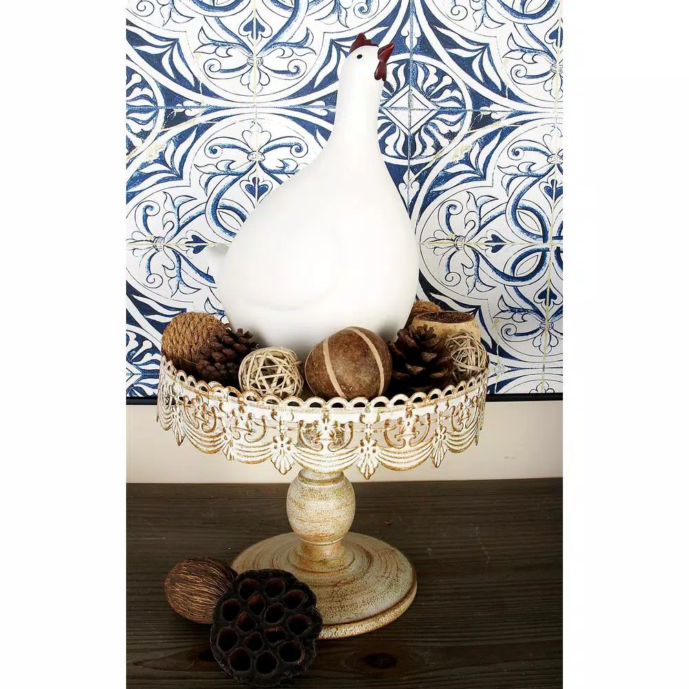 LITTON LANE 10 in. Round Whitewashed and Rust Brown Iron Cake Stand with Pierced Floral Bunting