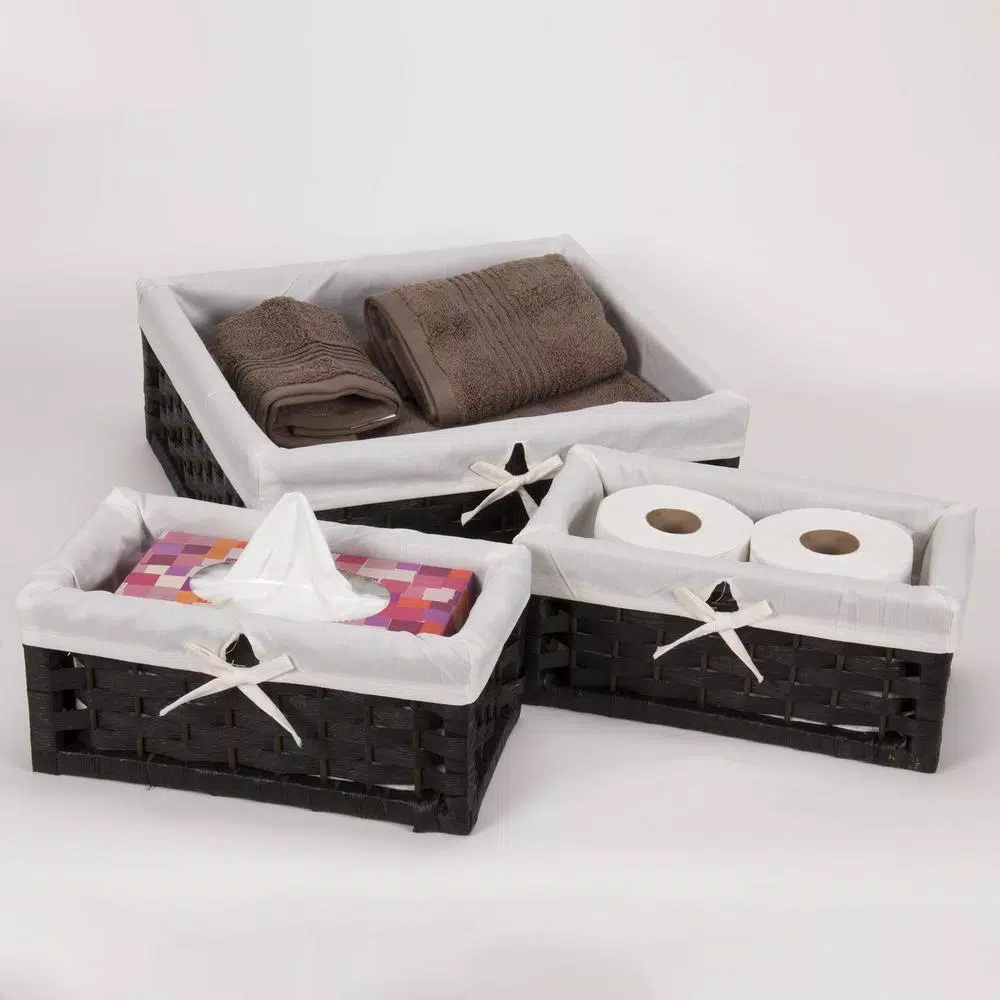 Household Essentials Black Paper Rope Wicker Utility Basket Set of 3 with Washable Cotton Liners