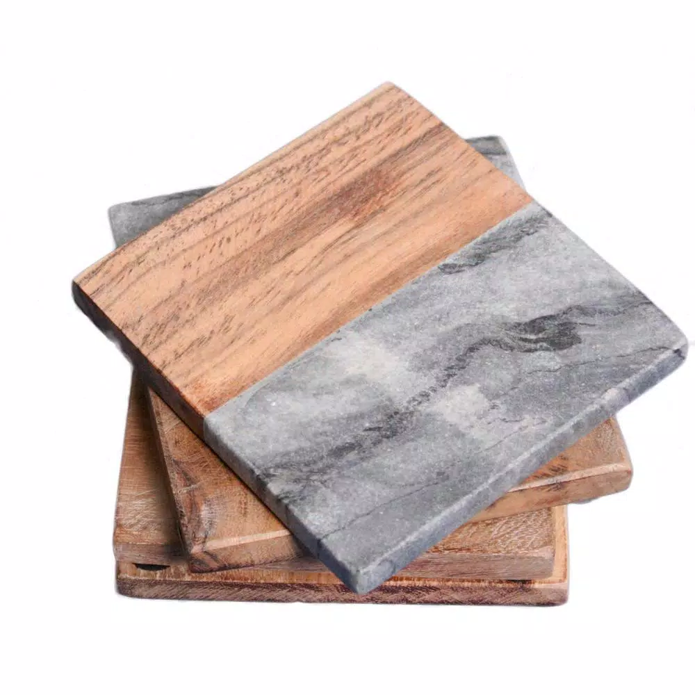 Unbranded Jodhpuri 4-Piece Ocean Gray Marble and Acacia Wood Coaster Set