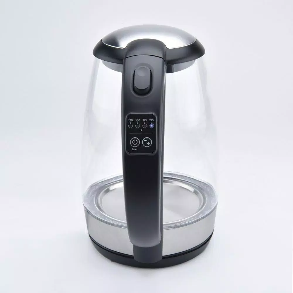 AROMA 7-Cup Black Glass Electric Kettle with Digital Temperature Display, 1.7L Cordless Pouring