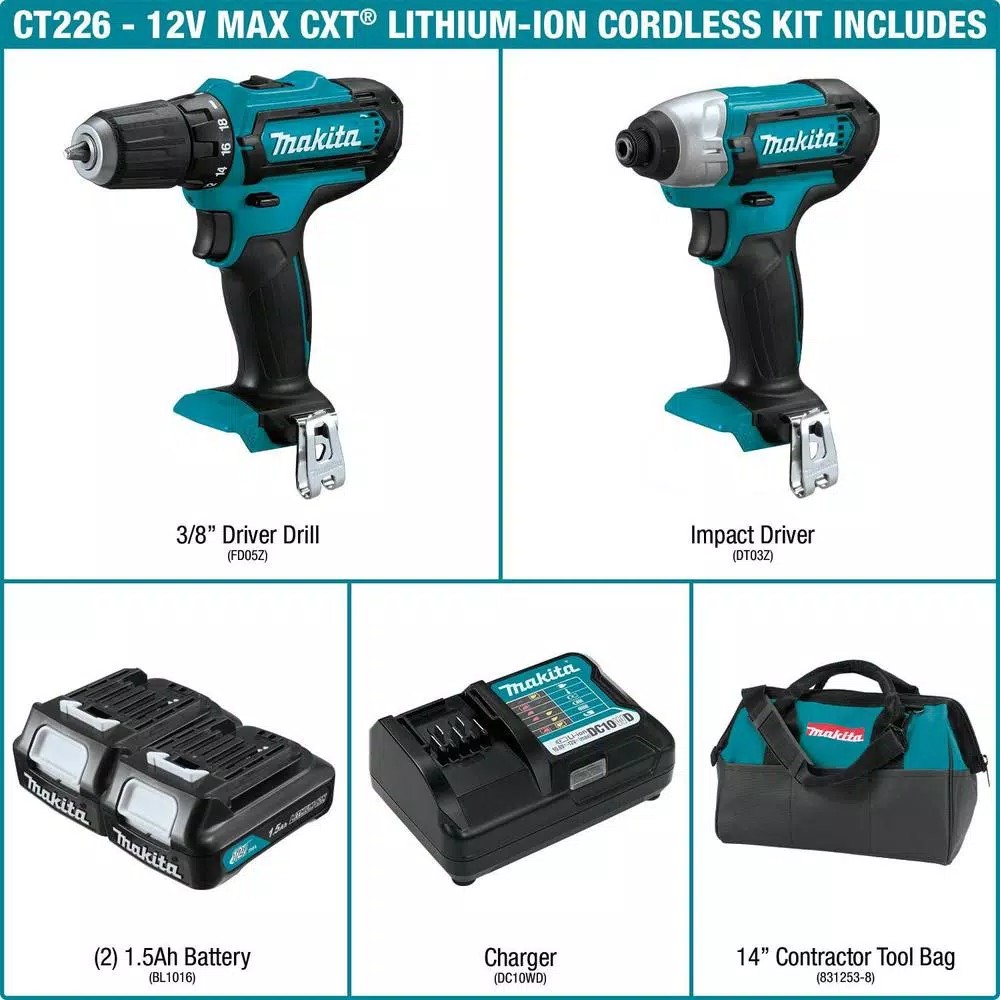 Makita 12V MAX CXT Cordless 3/8 in. Drill and Impact Driver Combo Kit with (2) 1.5Ah Batteries, Charger, and Bag