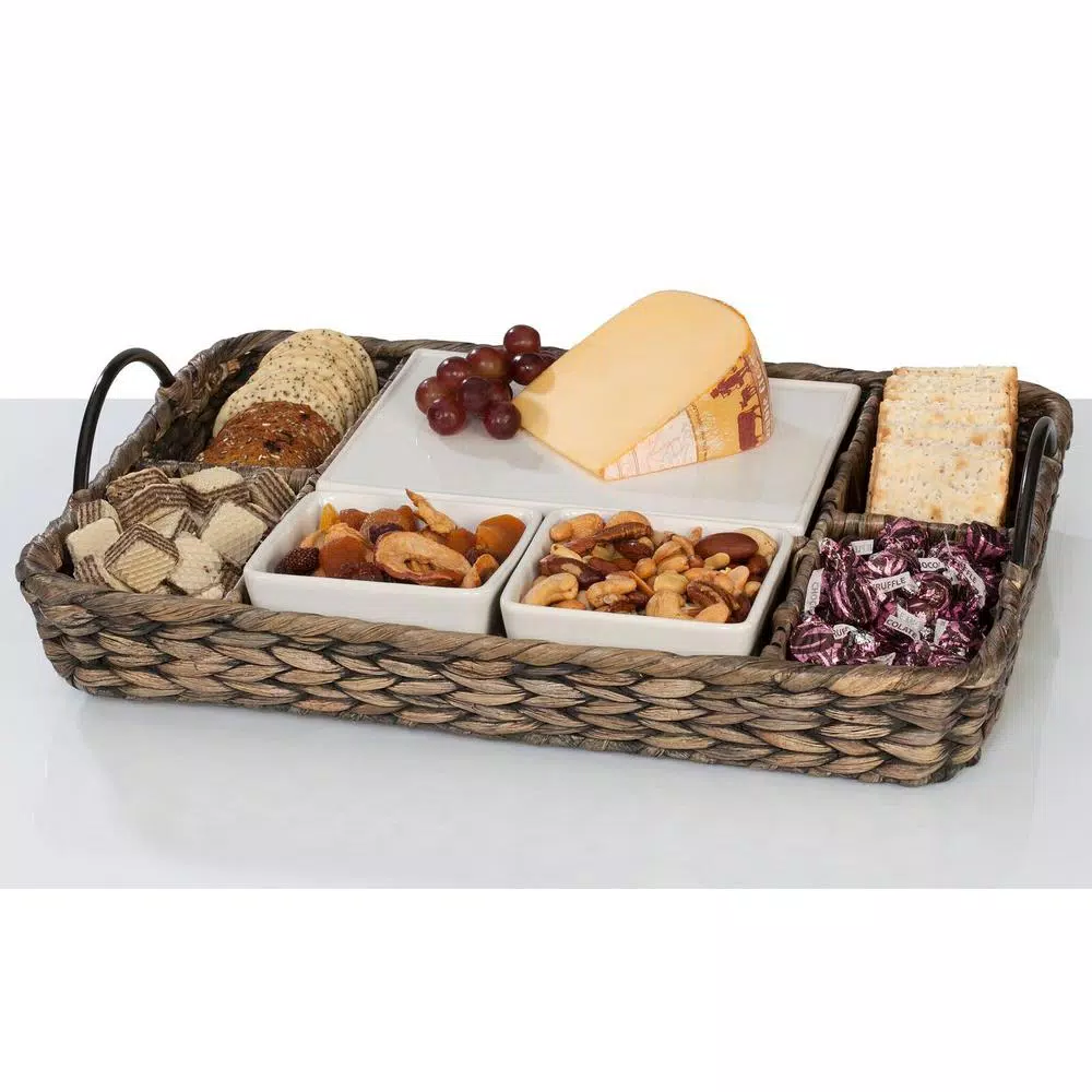 Unbranded CreativeWare Island Breeze Complete Hostess Server Set with Water Hyacinth Basket & Ceramic Bowls