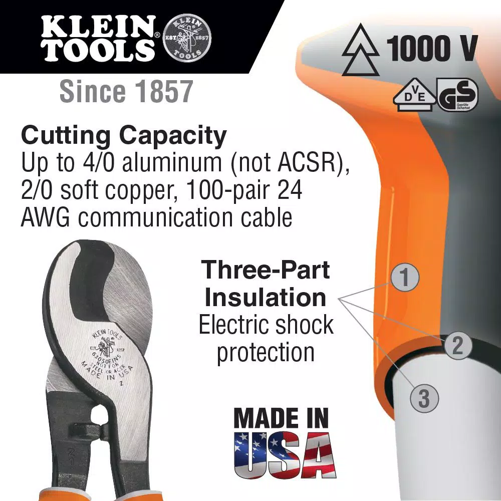 Klein Tools 9 in. Insulated High-Leverage Cable Cutter, 1000V VDE Certified