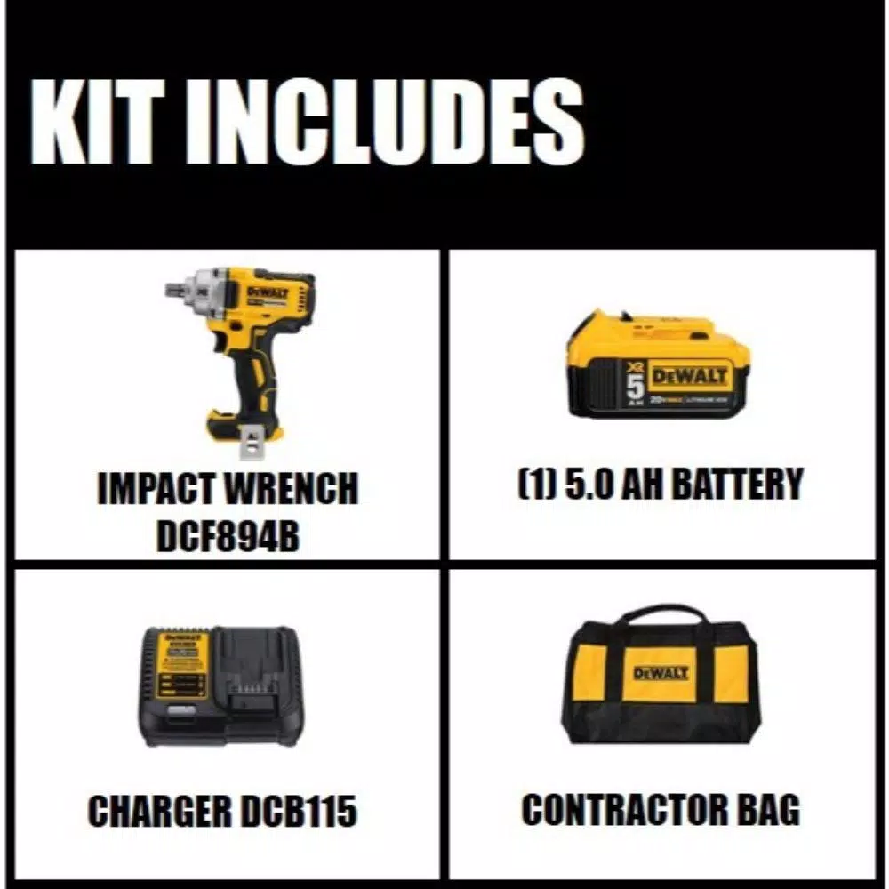 DEWALT 20V MAX XR 1/2 in. Mid-Range Brushless Cordless Impact Wrench Kit with 5.0Ah Battery & Charger