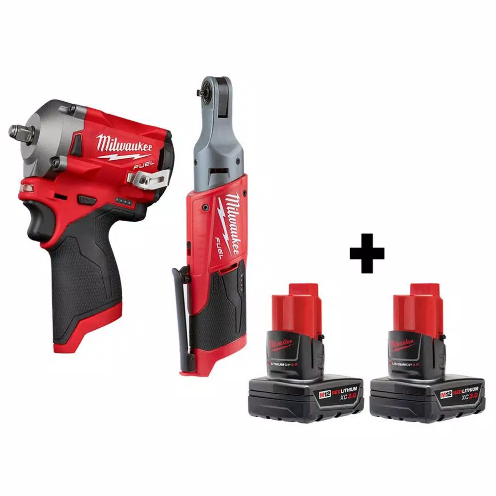 Milwaukee M12 FUEL 12V Cordless 3/8 in. Stubby Impact Wrench & 1/4 in. Ratchet Combo Kit with (2) 3.0 Ah Batteries