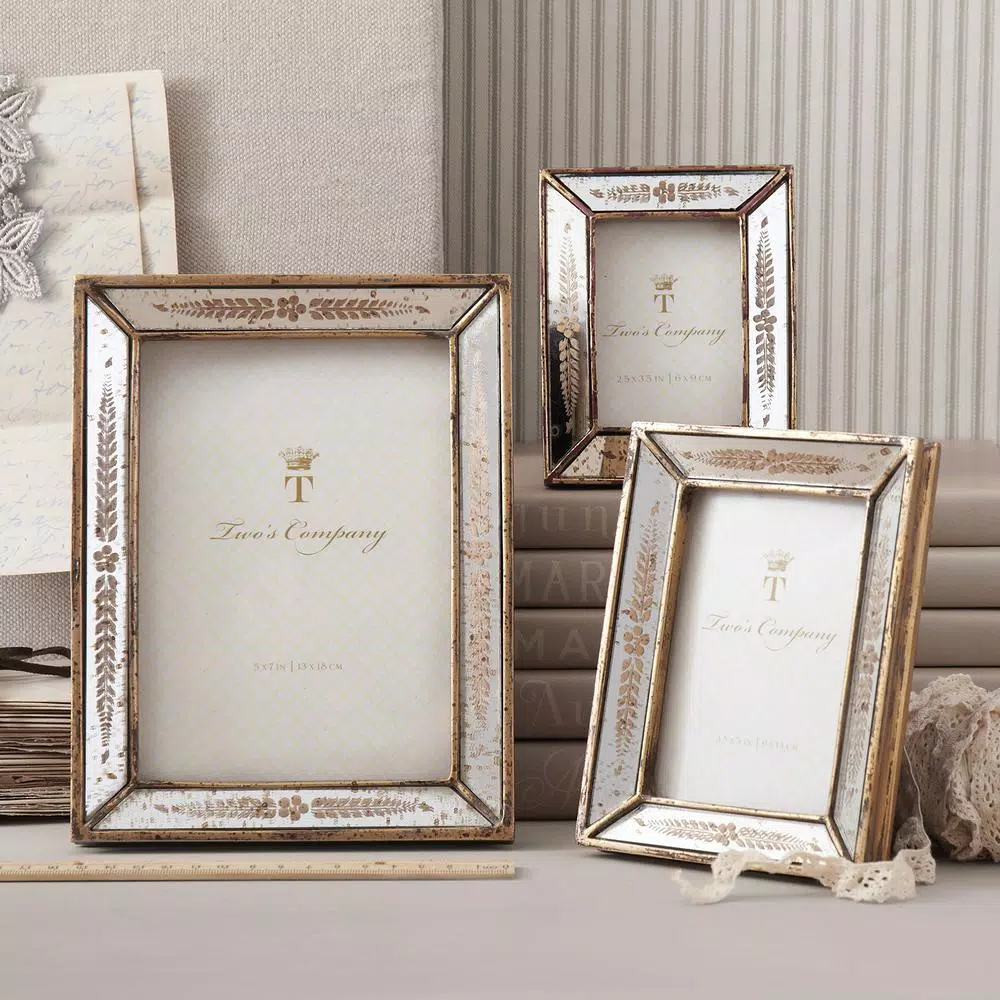 Two's Company Verona Gold Leaf Mirror Picture Frame Set of 3, Antique Gold Finish, Assorted Sizes