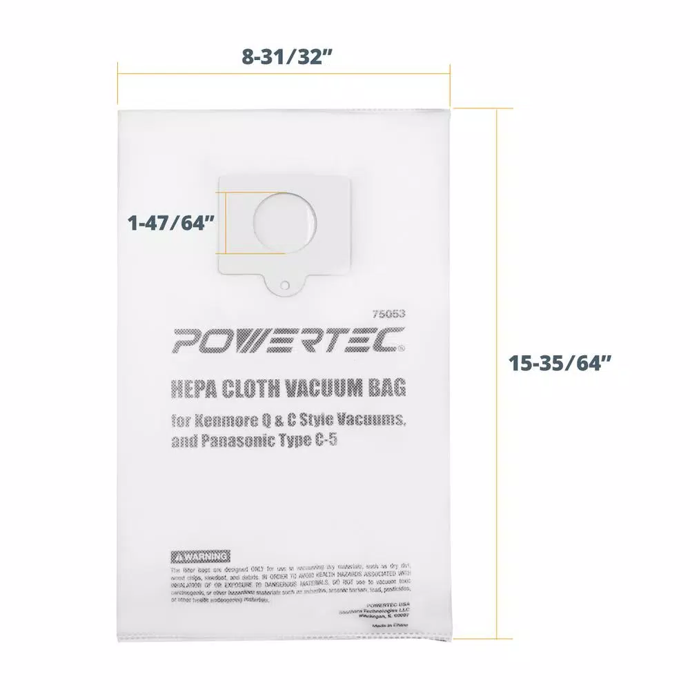 POWERTEC HEPA Cloth Vacuum Bag Replacement for Kenmore Q & C Style and Panasonic C-5 (6-Pack)