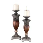 OK LIGHTING Brown Woodstone Polyresin Candlestick Set of 2 thumbnail 1