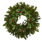 Nearly Natural 22 in. Pine and Variegated Holly Artificial Wreath with Pine Cones and Berries thumbnail 1