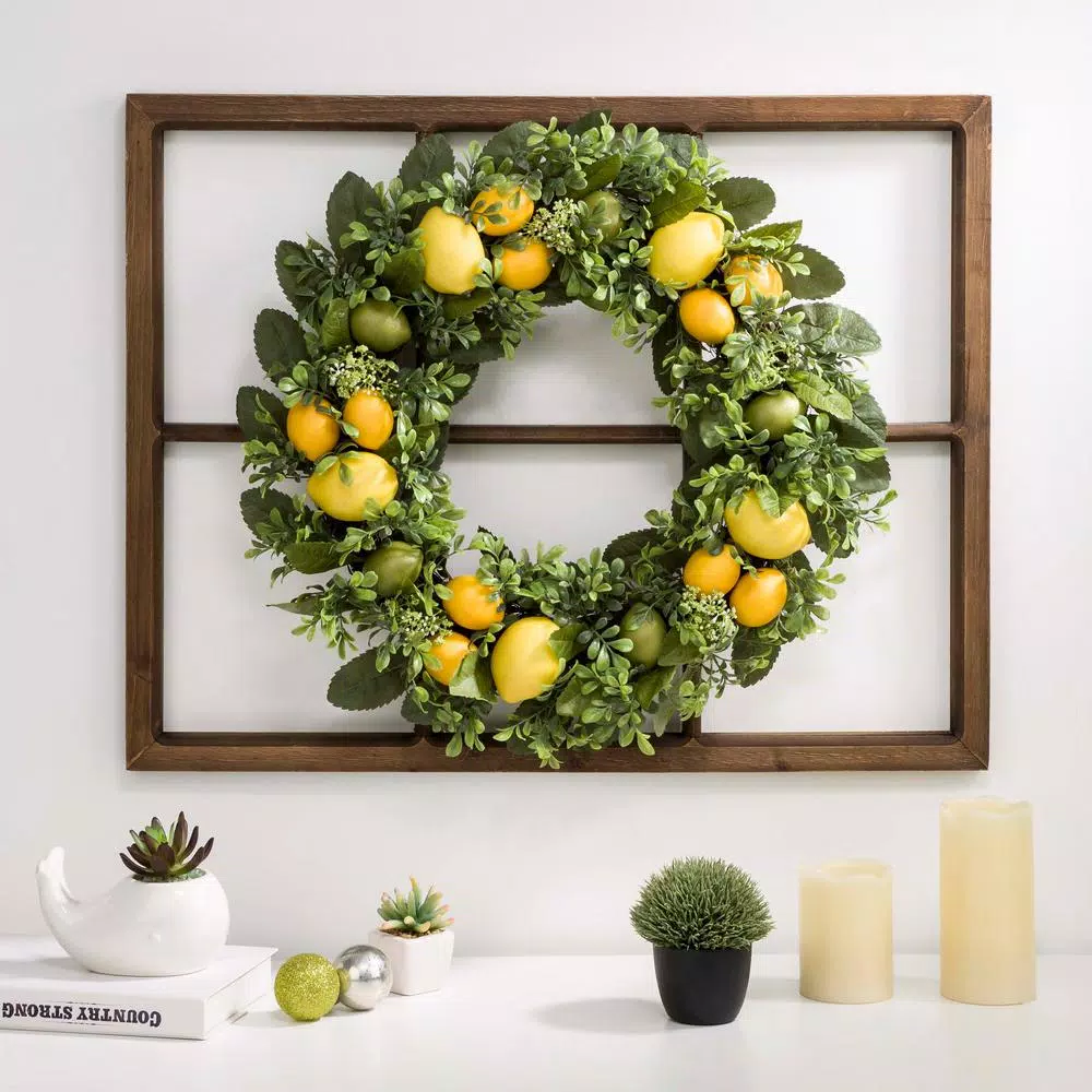 Glitzhome 28 in. Wooden Window Frame with 22 in. Greenery Lemon Wreath Decor