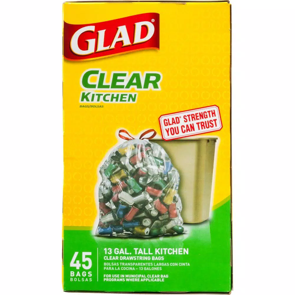 Glad 13 Gallon Tall Kitchen Clear Drawstring Recycling Bags, 45 Count