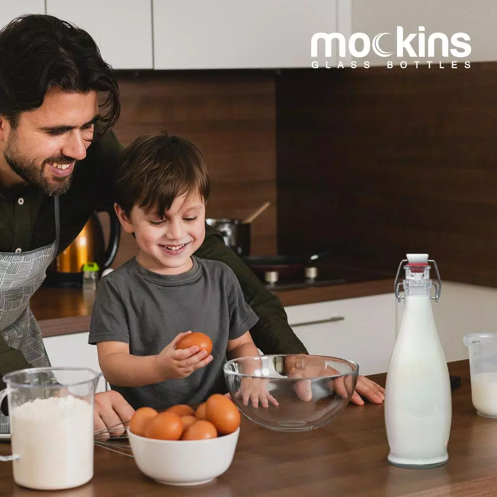 Mockins 17 oz. Glass Bottles with Swing Top Stoppers, Funnel, Brush, and Gold Marker (Set of 12)