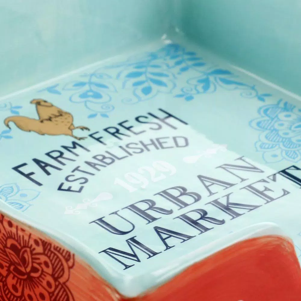 Urban Market Life On The Farm 10.2 in. Stoneware Napkin Holder - Coral and Blue Rooster Design