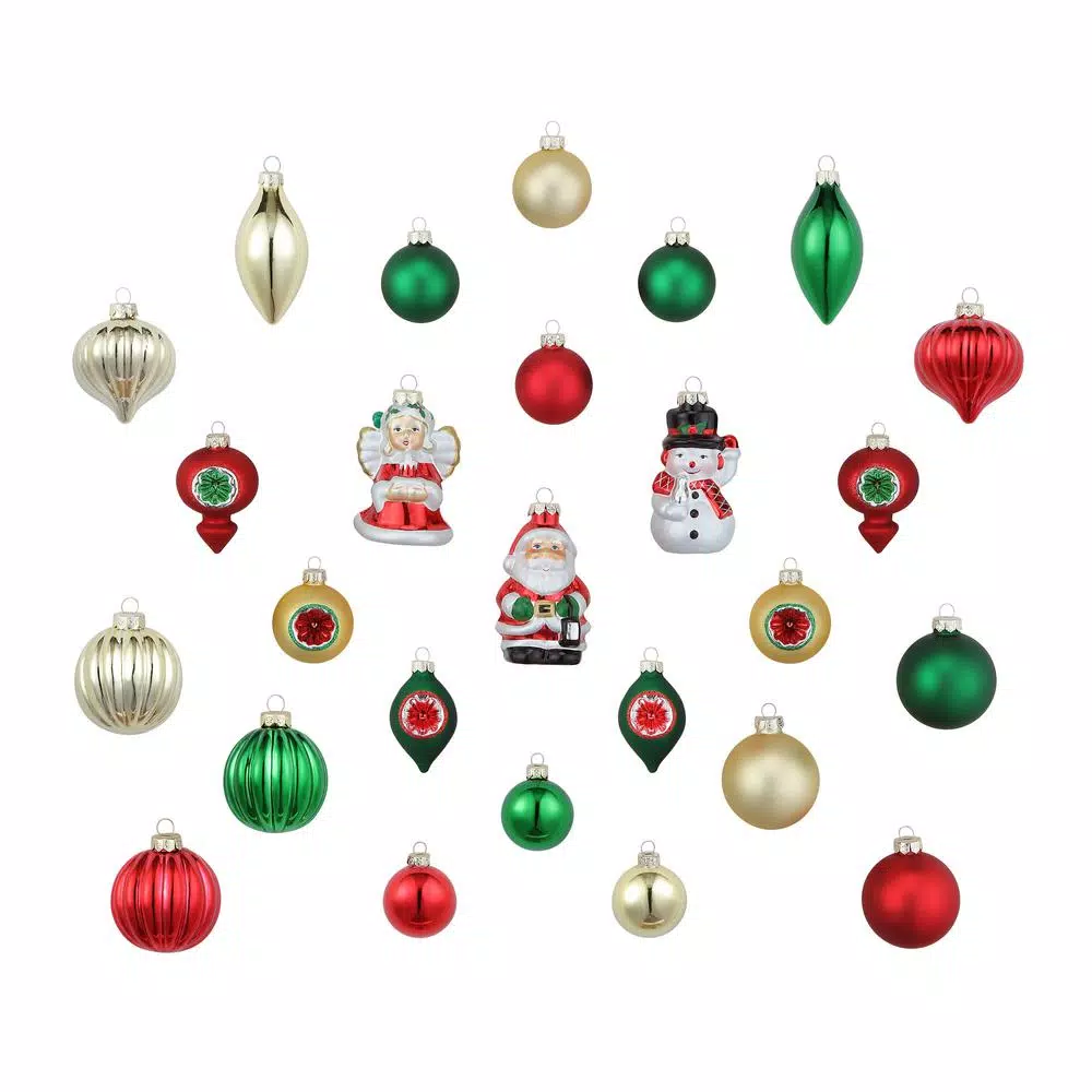 Mr. Christmas 30-Piece Vintage Glass Ornament Set with Storage Box and Gift Bags