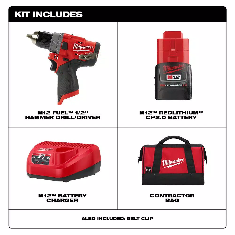 Milwaukee M12 FUEL 12V Brushless 1/2 in. Hammer Drill Kit with 2.0 Ah Battery and Bag